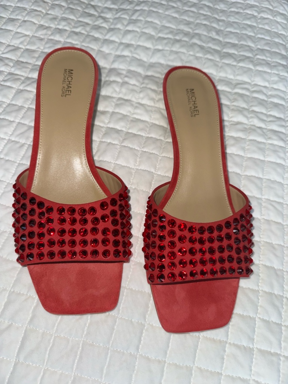 Michael Kors Red Studded Open-Toe Heels NWOB - Picture 4 of 10